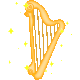 Gif of gold antique harp with bowing strings and sparkles